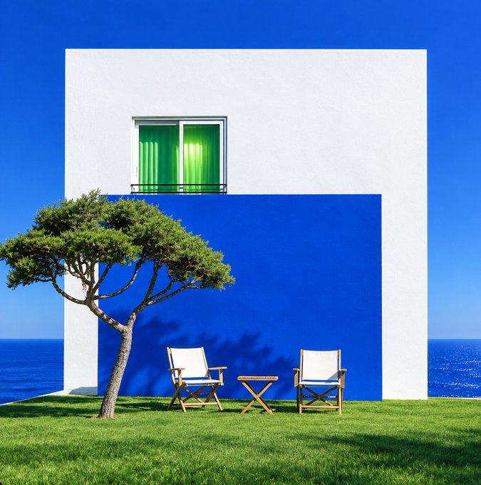 A striking modernist scene features a white and blue geometric seaside home with a bright green curtained window, accompanied by two empty director's chairs and a small table on the lawn, with a lone tree providing shade—perfectly capturing the "Saved you a seat, sea's on the house" invitation to relax and enjoy the oceanfront view.
