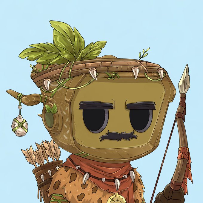 A digital illustration of a robot character dressed as a tribal hunter, wearing a leaf crown, animal tooth necklace, and leopard-print clothing, holding a bow and arrows.