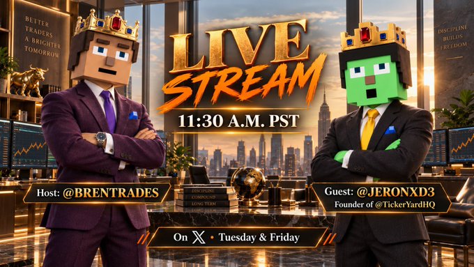 A promotional graphic for a "LIVE STREAM" at 11:30 A.M. PST featuring Host @BRENTRADES and Guest @JERONXD3, Founder of @TickerYardHQ, airing on X every Tuesday & Friday. The image visually promotes the upcoming interview with JERONXD3 about TickerYardHQ on Robinhood Chain, matching the post's announcement of charts, Q&A, and discussion about the new protocol.