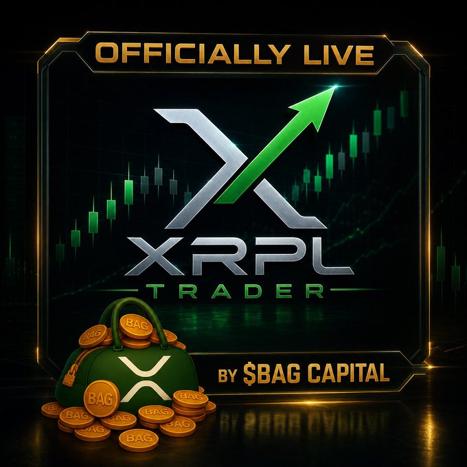 The promotional graphic announces "OFFICIALLY LIVE" with the "XRPL TRADER" logo set against green ascending candlestick charts, and shows a money bag overflowing with gold coins stamped "BAG" alongside the XRP symbol, with the tagline "BY $BAG CAPITAL" — visually reinforcing the post's announcement of the live trading simulation where users start with 10,000 $XRP to compete for the biggest bag.