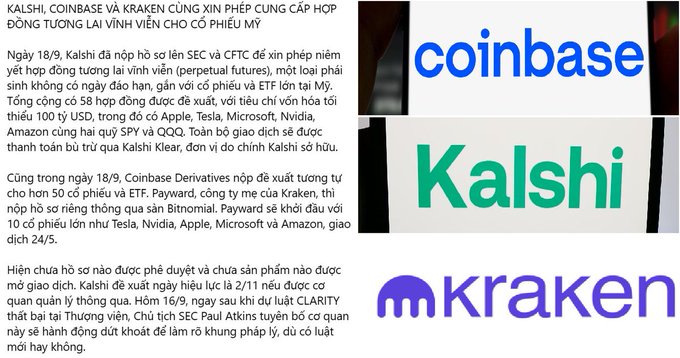 A Vietnamese news article with the headline about Kalshi, Coinbase, and Kraken launching prediction markets for stock perpetual futures, featuring the logos of coinbase, Kalshi, and Kraken on the right side.