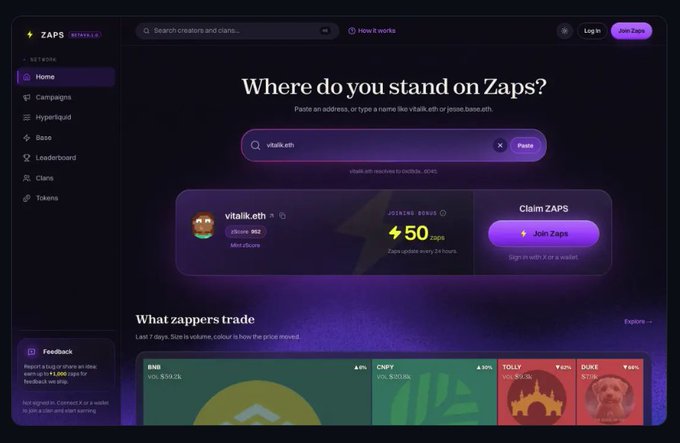 A screenshot of the "ZAPS" crypto platform interface, showing a "Where do you stand on Zaps?" search bar, a user profile for "vtalik.eth" with a "JOINING BONUS 50 ZAPS," and trading cards for BNB, CNPY, TOLLY, and DUKE.