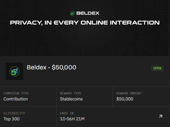 A promotional banner for 'BELDEX' with the text 'PRIVACY, IN EVERY ONLINE INTERACTION' and details for a 'Beldex - $50,000' campaign in stablecoins open to the top 300.