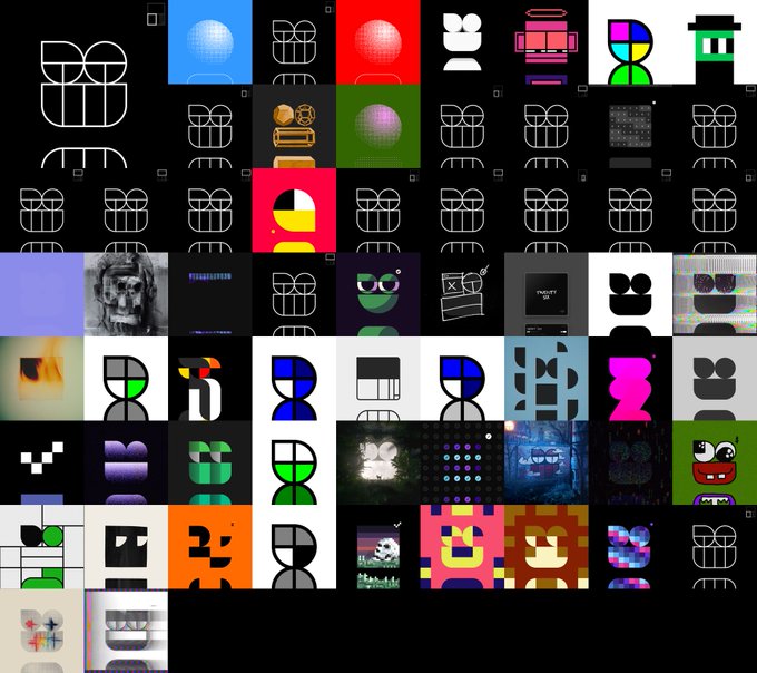 A digital collage displays numerous variations of a minimalist 'B' logo or character design in various colors, styles, and pixel art forms.