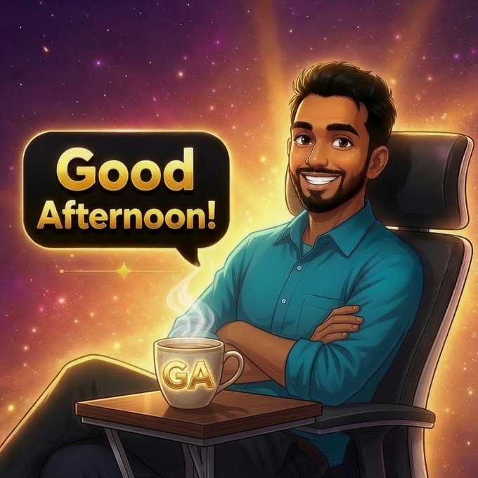 A cartoon illustration of a smiling man with a beard in a blue shirt sitting in a chair holding a steaming mug labeled "GA", with a speech bubble reading "Good Afternoon!" against a cosmic starry background.