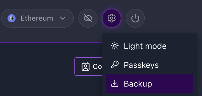 A dark-mode UI screenshot showing an Ethereum wallet interface with a settings menu open displaying 'Light mode', 'Passkeys', and 'Backup' options.