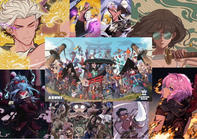 A collage of various anime and game artwork featuring multiple characters including a white-haired man with a golden dragon, a woman with round green sunglasses, a blue-haired samurai, a pink-haired figure, and central artwork labeled "AZUKI" depicting a large crowd of characters at a "CARDEN SHOW" event.