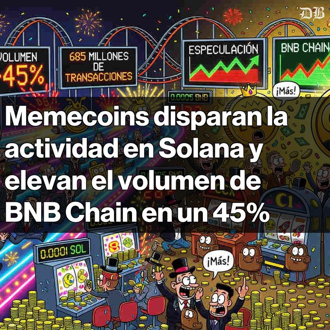 A colorful cartoon-style illustration of a crypto casino with the Spanish headline 'Memecoins disparan la actividad en Solana y elevan el volumen de BNB Chain en un 45%'.