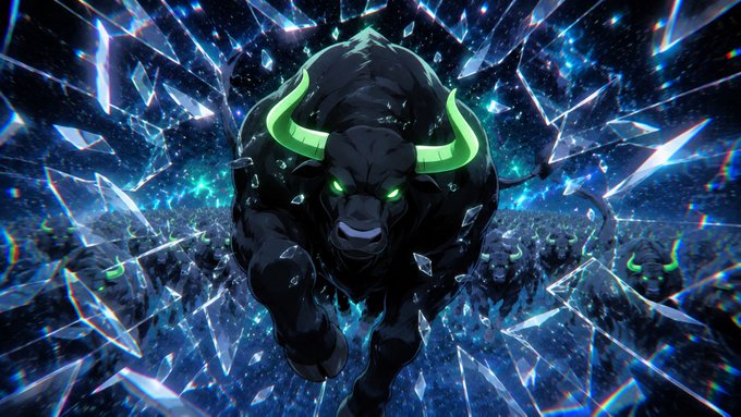 A powerful dark bull with glowing green horns and eyes charges forward through shattered glass shards, with additional bulls visible in the cosmic blue background, symbolizing a bullish market surge.