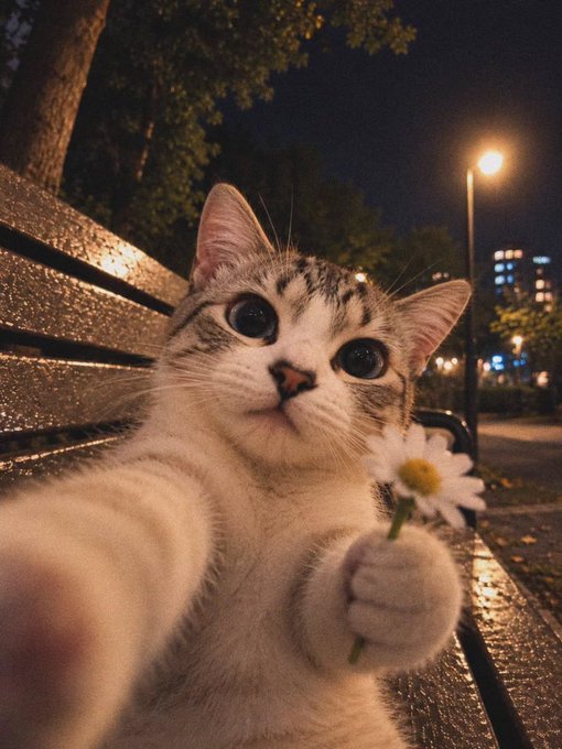 A close-up nighttime selfie of a tabby cat holding a white daisy in its paw, sitting on a wet bench with a streetlamp and trees in the background.