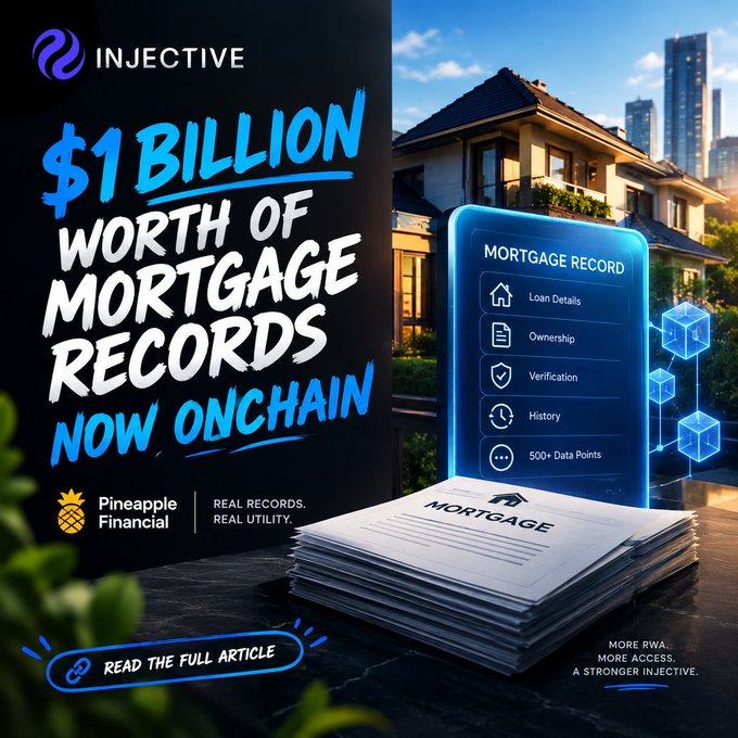 A promotional graphic from Injective announcing '$1 Billion worth of mortgage records now onchain' in partnership with Pineapple Financial, featuring a futuristic house and digital mortgage record interface.