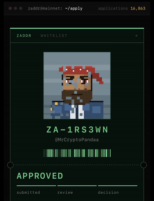 An approved digital whitelist interface showing pixel art of a bearded character with a red bandana, labeled 'ZA-1RS3WN' with handle '@MrCryptoPandaa', showing an 'APPROVED' status with submitted, review, and decision stages.