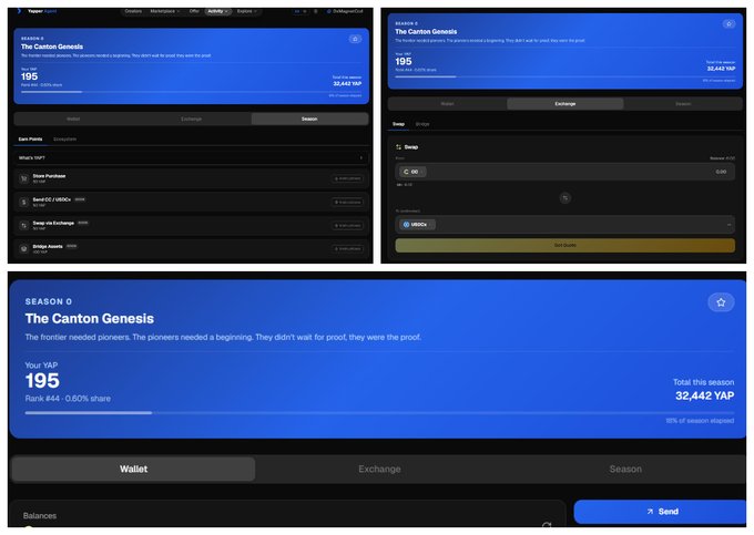 Yapper Club Season 0 'The Canton Genesis' dashboard showing a YAP score of 195, Rank #44, 32,442 total season YAP, with Wallet, Exchange, and Season tabs plus a swap interface for USDC.