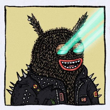 A punk-style illustration of a black furry creature with spiked ears, green laser beams shooting from its eyes, wearing a studded black leather jacket.