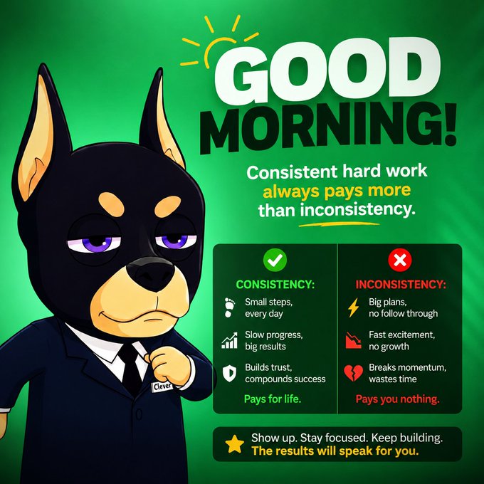 A motivational 'GOOD MORNING!' graphic featuring a Doberman in a suit named 'Clever' alongside a comparison between consistency (small daily steps, slow progress, trust) and inconsistency (big plans with no follow-through, fast excitement with no growth).