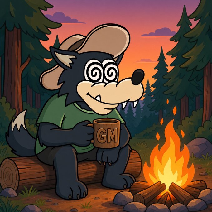 A dizzy wolf in a cowboy hat sits on a log holding a "GM" mug beside a campfire, perfectly matching the post's "GM" greeting with its laid-back morning vibe.