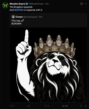A screenshot of an X (formerly Twitter) post from Morpho.Supa @MorphoFacs about SUPRA L1 expanding The Kingdom, featuring a black and white illustration of a crowned lion with sunglasses pointing its finger upward, and a quoted reply from @crownsupra reading 'This my SCROWN.'