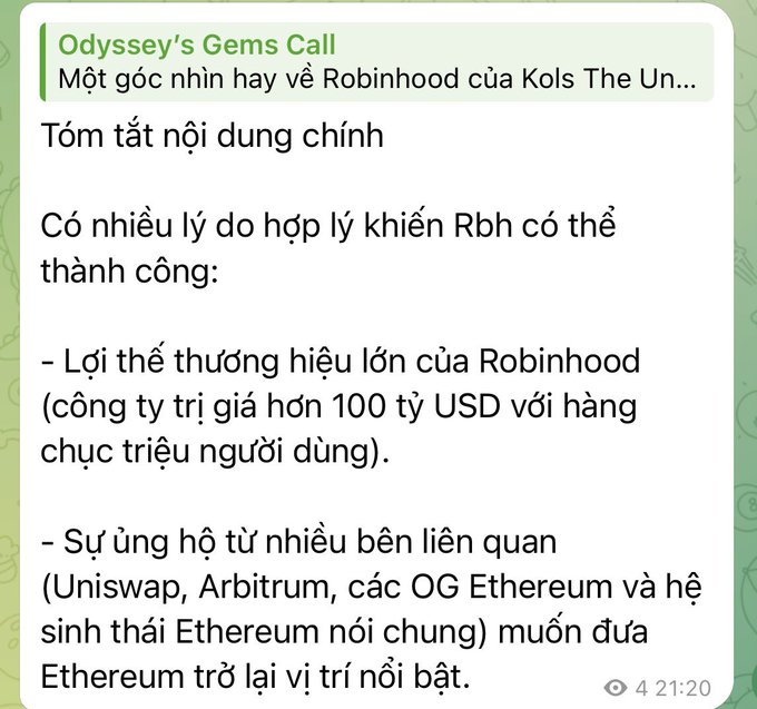 A Vietnamese social media post titled "Odyssey's Gems Call" outlines reasons for Robinhood's potential success, citing its strong brand value (over $100B valuation with millions of users) and support from major stakeholders like Uniswap, Arbitrum, and Ethereum OGs. The image complements the accompanying text by summarizing why Robinhood stands out compared to other meme projects like Stable, highlighting institutional backing and ecosystem support as key differentiators.