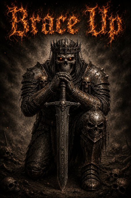 The image features a man dressed as a knight, holding a sword and sitting with his legs crossed. The background of the image has flames coming out of it, giving it an intense and dramatic appearance. The caption above the image reads "Brace Up", which is related to the theme of the post.
