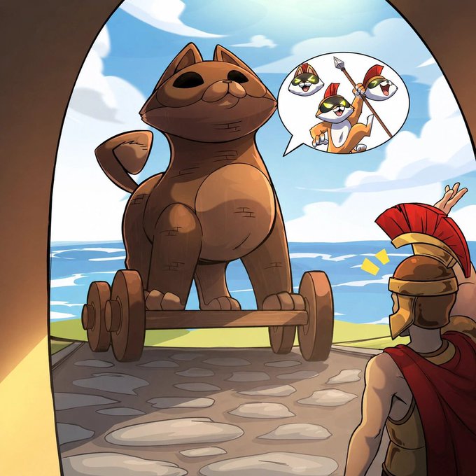 A Trojan cat statue mounted on wheels sits outside a fortified wall, with three helmeted cats depicted inside a speech bubble, illustrating a "Trojan Horse" scheme as a Roman soldier looks on—symbolizing the post's pitch for the token "AI" as a stealth opportunity to capitalize on Nvidia's market cap dominance.