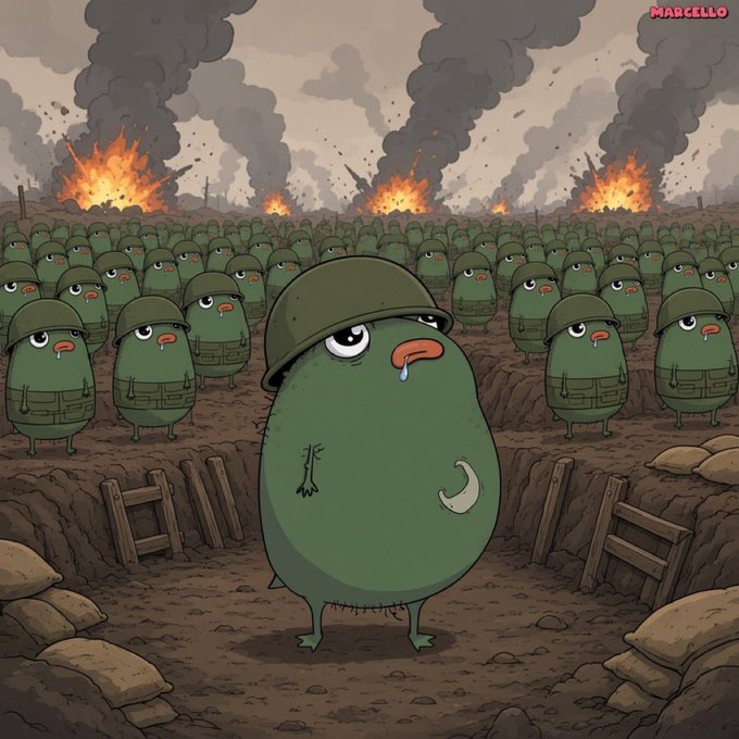 A tearful, exhausted soldier wearing a green helmet and uniform stands alone in a muddy trench, with rows of similar weary troops behind him and massive explosions erupting across a war-torn battlefield. The text "MARCELLO" appears in red in the top right corner, while the caption "army's ready" ironically contrasts with the clearly defeated, demoralized appearance of the troops.