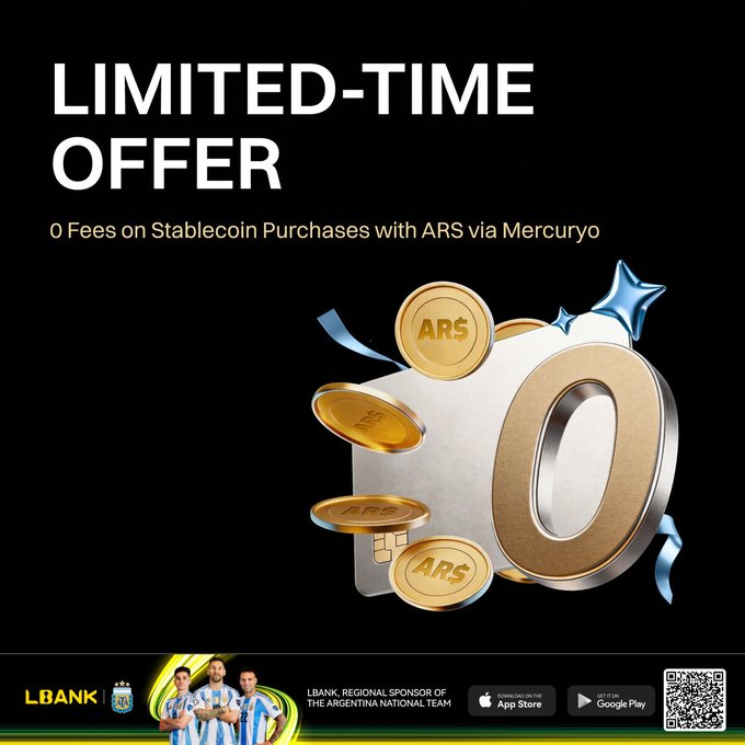 A promotional graphic with a black background displays "LIMITED-TIME OFFER" in large white text, advertising "0 Fees on Stablecoin Purchases with ARS via Mercuryo," accompanied by an illustration of ARS-stamped gold coins surrounding a silver "0" with a blue star. The LBank logo and a banner promoting the brand as a "Regional Sponsor of the Argentina National Team" featuring three soccer players in Argentina jerseys appear at the bottom, alongside App Store and Google Play download buttons and a QR code.
