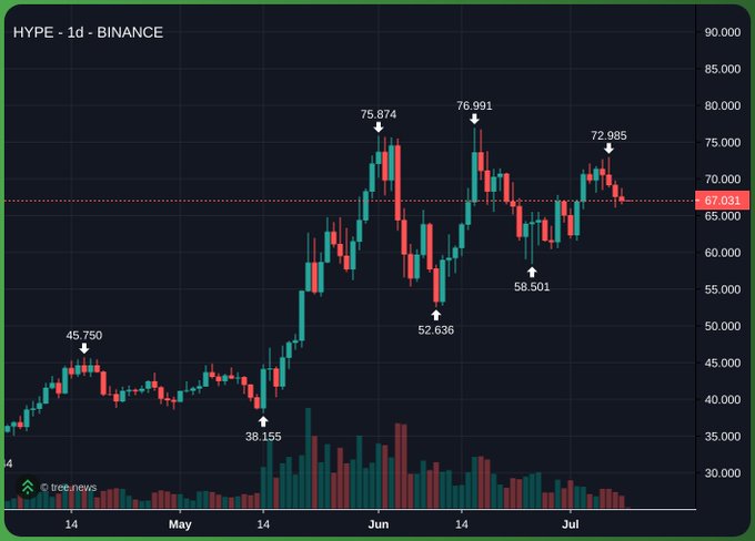 A daily candlestick chart of HYPE on Binance shows the token consolidating around $67.031 after pulling back from a recent high of $72.985, with notable swings between a low of $52.636 and a high of $76.991 over the past few months—hinting at the volatility that has yet to deliver a breakout to new all-time highs, as hoped in the post.