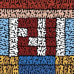 A colorful abstract artwork composed of repetitive, squiggly black lines forming blocks of red, blue, white, and yellow.