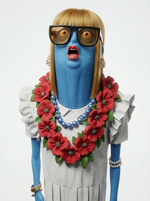 A 3D-rendered blue-skinned female character with blonde hair, oversized glasses, pearl earrings, and a red flower necklace wears a white ruffled dress and appears to be sweating with an open-mouthed expression.