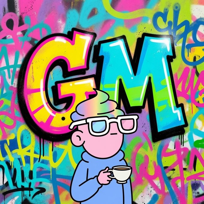 A vibrant graffiti-style illustration of a cartoon character with glasses and rainbow hair holding a coffee cup in front of colorful 'GM' (Good Morning) street art lettering.