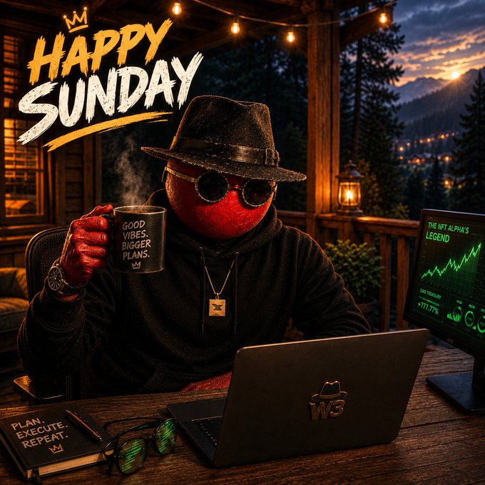 A 'Happy Sunday' themed digital artwork shows a red-skinned character wearing a fedora and round sunglasses holding a coffee mug reading 'GOOD VIBES. BIGGER PLANS.', working on a laptop showing a stock chart titled 'THE NFT ALPHA'S LEGEND' on a wooden porch.