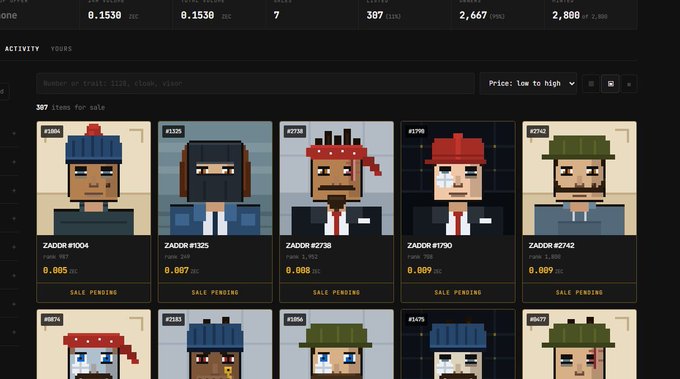 Activity page showing 307 items for sale in the ZADDR pixel art NFT collection, including individual listings like ZADDR #0004, #1325, #2738, #1790, and #2742 with sale pending status.