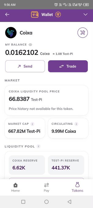 A mobile wallet screenshot displays a new Coixa token with a balance of 0.0162102 coixa (≈1.08 Test-Pi), showing market data including a liquidity pool price of 66.8387 Test-Pi, market cap of 667.82M Test-Pi, and reserves of 6.62K coixa and 441.37K Test-Pi. This image visually confirms the post's excitement about Coixa's very recent addition to the Pi testnet, as indicated by its fresh listing and minimal price history.