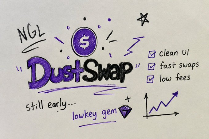 The image features a white background with purple text that reads "ngl @DustswapOnBase is actually smoother than I expected... clean UI, fast swaps, and fees don't feel crazy. still early but feels like one of those lowkey gems". The text is written in black marker on the white paper, making it stand out against the background.