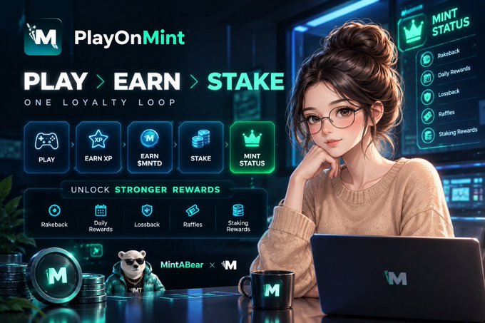 A promotional graphic for 'PlayOnMint' featuring the tagline 'PLAY > EARN > STAKE' with sections highlighting gameplay, earning XP, $MNTD, staking, and Mint Status rewards, alongside an illustrated woman with glasses and a 'MintABear' character.