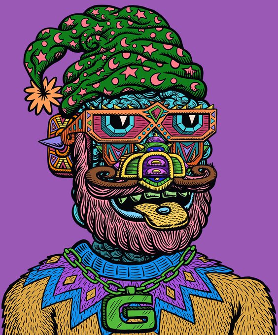 A vibrant, psychedelic illustration features a character with a beard, sunglasses, and a green, star-patterned nightcap set against a purple background.