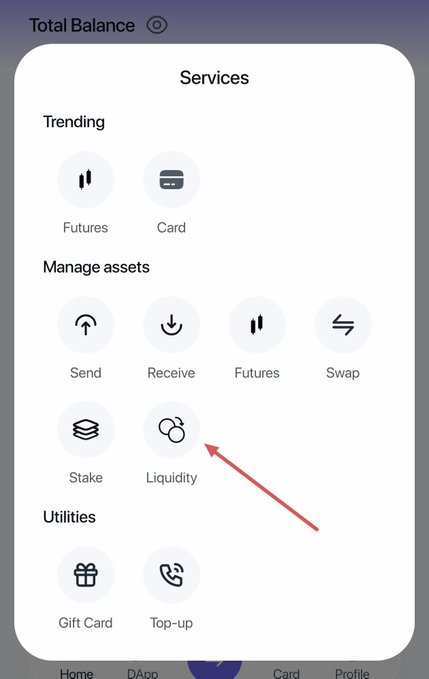 A mobile app 'Services' menu showing options including Trending (Futures, Card), Manage assets (Send, Receive, Futures, Swap, Stake, Liquidity), and Utilities (Gift Card, Top-up), with an arrow pointing to the Liquidity option.