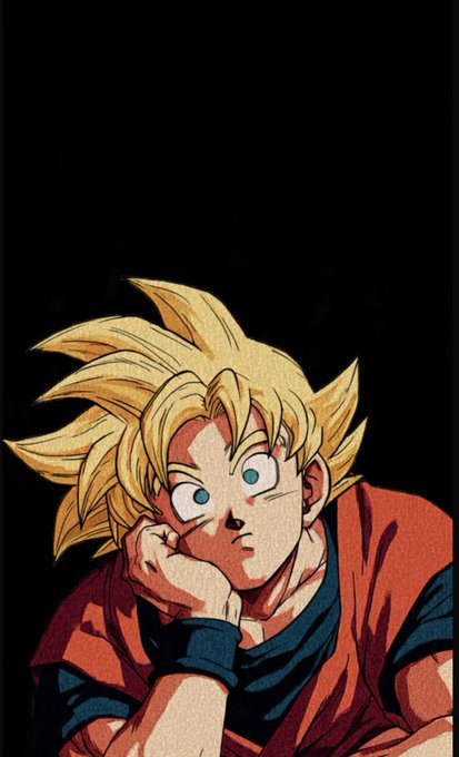 An anime illustration of a Super Saiyan Goku from Dragon Ball Z with spiky blonde hair and blue eyes, resting his chin on his hand against a black background.