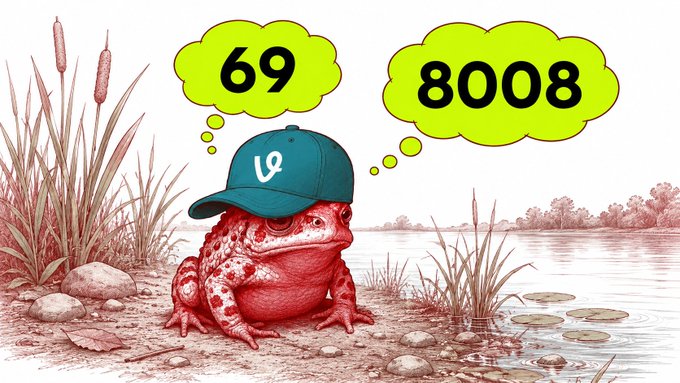 A red toad wearing a teal cap with "LO" on it sits by a pond, thinking about two favorite numbers: "69" and "8008." The image humorously illustrates the post's theme of quirky favorite numbers people like to collect, especially for NFTs.