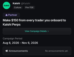 A promotional graphic from Kalshi stating 'Make $150 from every trader you onboard to Kalshi Perps,' with a campaign period from Aug 6, 2026 - Nov 6, 2026.