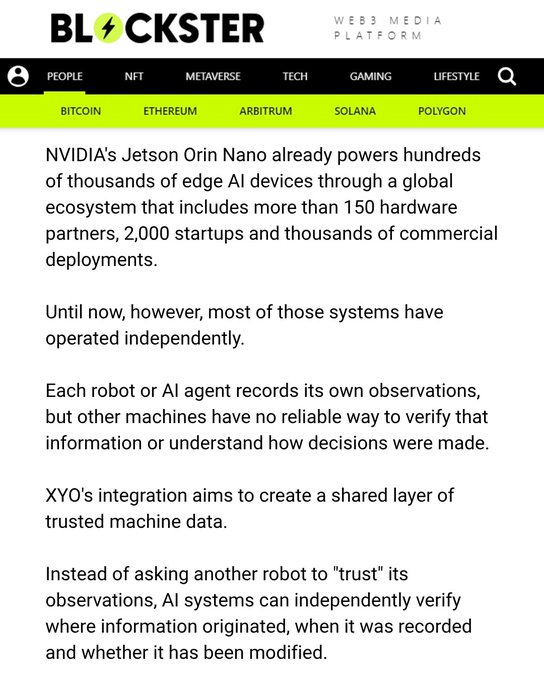 A screenshot from Blockster (blockster.com) featuring an article about XYO's integration with NVIDIA's Jetson Orin Nano, highlighting how XYO will create a shared layer of trusted machine data for NVIDIA's ecosystem of 150+ hardware partners, 2,000 startups, and thousands of commercial deployments.
