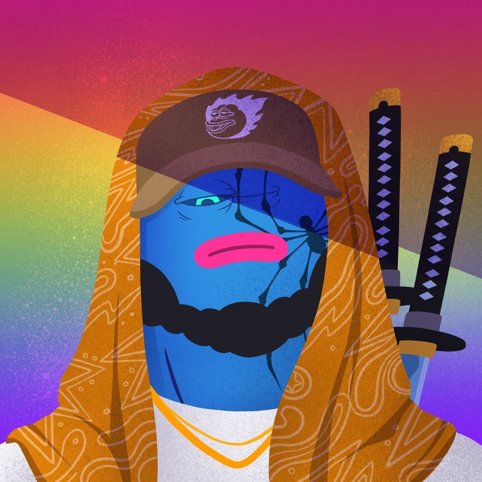 A stylized digital illustration depicts a blue-skinned ninja warrior wearing a baseball cap with a purple flame logo, set against a vibrant rainbow gradient background, with two katana swords strapped to his back. The artwork ties into the post as the featured 1/1 piece "Kumo" from the @Trustusnft collection, now acquired by @TommyKingham.