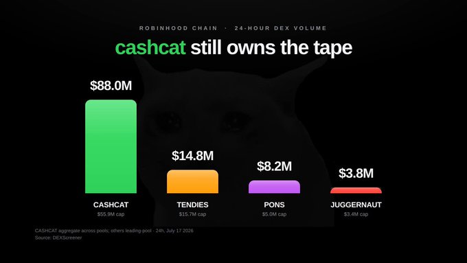 A bar chart titled "ROBINHOOD CHAIN · 24-HOUR DEX VOLUME" declares "cashcat still owns the tape," showing CASHCAT leading with $88.0M in 24-hour volume against competitors TENDIES ($14.8M), PONS ($8.2M), and JUGGERNAUT ($3.8M) — reinforcing the post's argument that the CASHCAT thesis is worth holding onto despite short-term volatility.