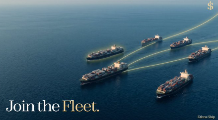 An aerial view of naval ships at sea with connecting light trails forming a network pattern, overlaid with the text 'Join the Fleet.' and a dollar sign.