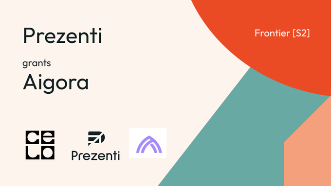 The image features a poster with a geometric design of a triangle and a circle. The text "Frontier S21" is written at the top right corner of the poster. Below this, there are three logos representing different companies: "Aigora", "Prestenti", and "Celo". These logos are arranged in a triangular formation with the largest logo positioned on the left side and the smallest one on the right side. The text "Frontier S21" is written at the bottom of the poster, indicating that this is related to a grant application for Frontier S21.