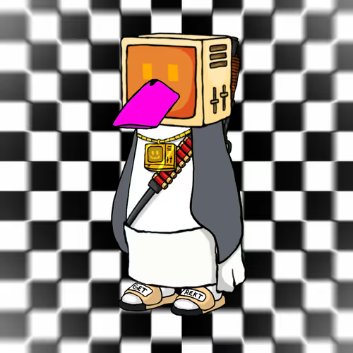 A cartoon character with a computer monitor for a head displaying orange eyes, wearing a white outfit with a chain and bag, and 'YEET' shoes, standing against a black and white checkered background.