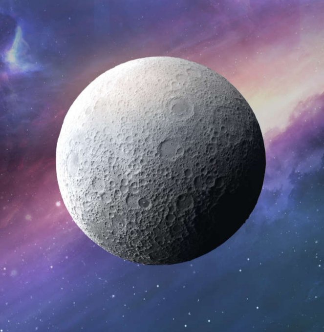 A photorealistic rendering of a cratered moon-like sphere floating against a vibrant purple and blue nebula-filled cosmic background.