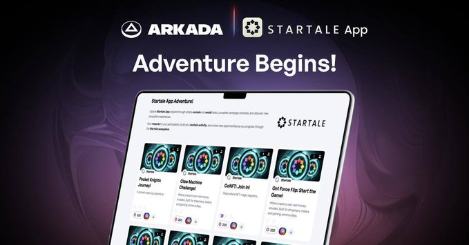 A promotional graphic announcing "ARKADA | STARTALE App Adventure Begins!" features a tablet displaying the Startale App Adventure interface with gaming quest cards including "Pocket Knights Journey," "Chao Machine Challenge," "Gorb7 Job Io," and "Grid Force Hip: Start the Game!" The image supports the announcement of @coolcats joining the Arkada platform alongside other featured gaming partners like @pocketknights_ and @worldoftrinity.