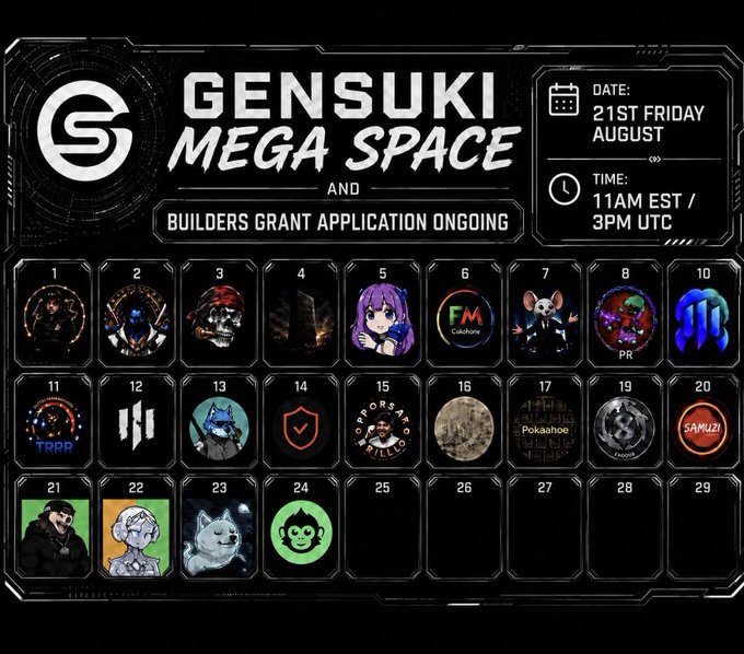 A promotional graphic for 'GENSUKI MEGA SPACE' NFT project, noting a builders grant application and featuring a 30-day calendar with August 21st highlighted at 11AM EST / 3PM UTC.