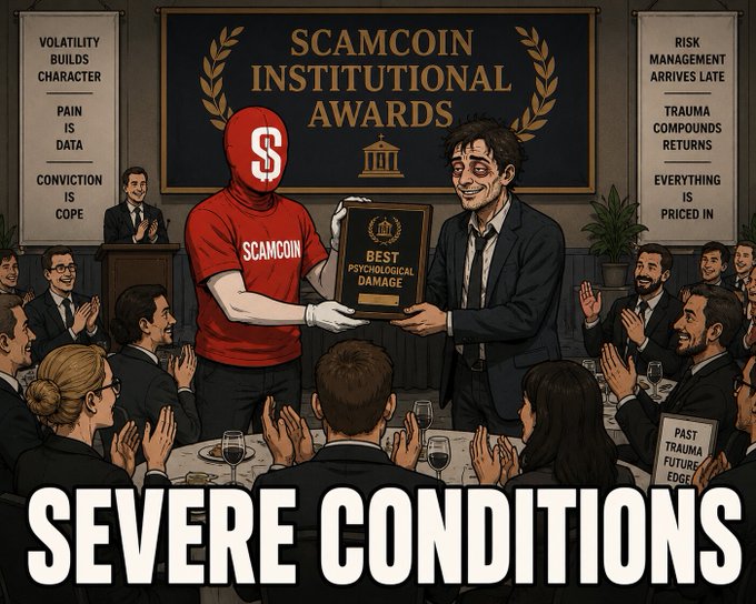 A satirical illustration of the 'Scamcoin Institutional Awards' ceremony with the tagline 'SEVERE CONDITIONS,' showing a person in a red 'SCAMCOIN' shirt receiving an award, with banners reading 'VOLATILITY BUILDS CHARACTER' and 'TRAUMA COMPOUNDS RETURNS.'